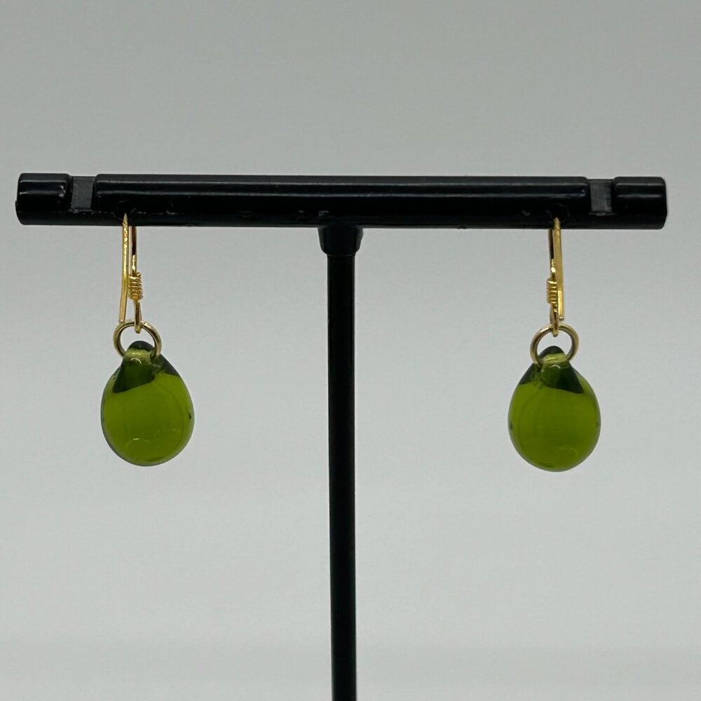Handmade Green Teardrop Glass Earrings With Sterling Silver Wire Hooks For Women - Picture 8 of 15